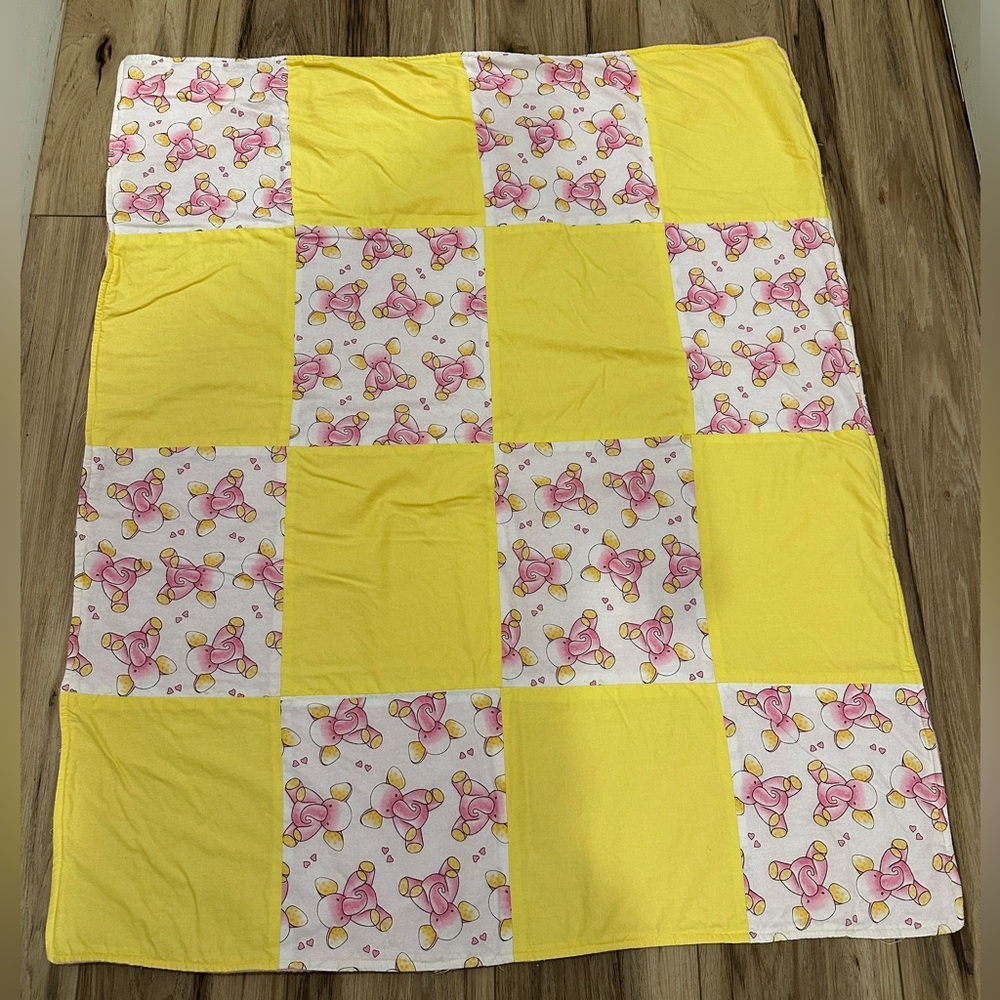 Handmade Yellow Pink Elephant Quilted Baby Blanket with Soft Pink Underside